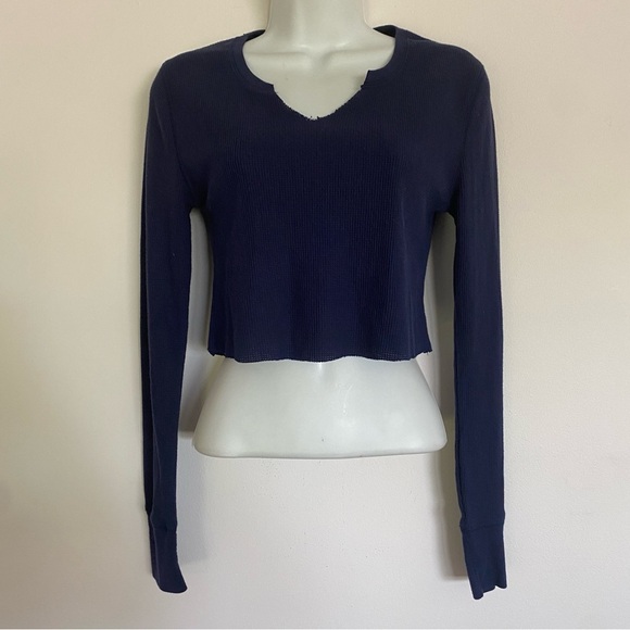 Navy Cropped Thermal Long Sleeve With Notch Neck - Picture 1 of 4